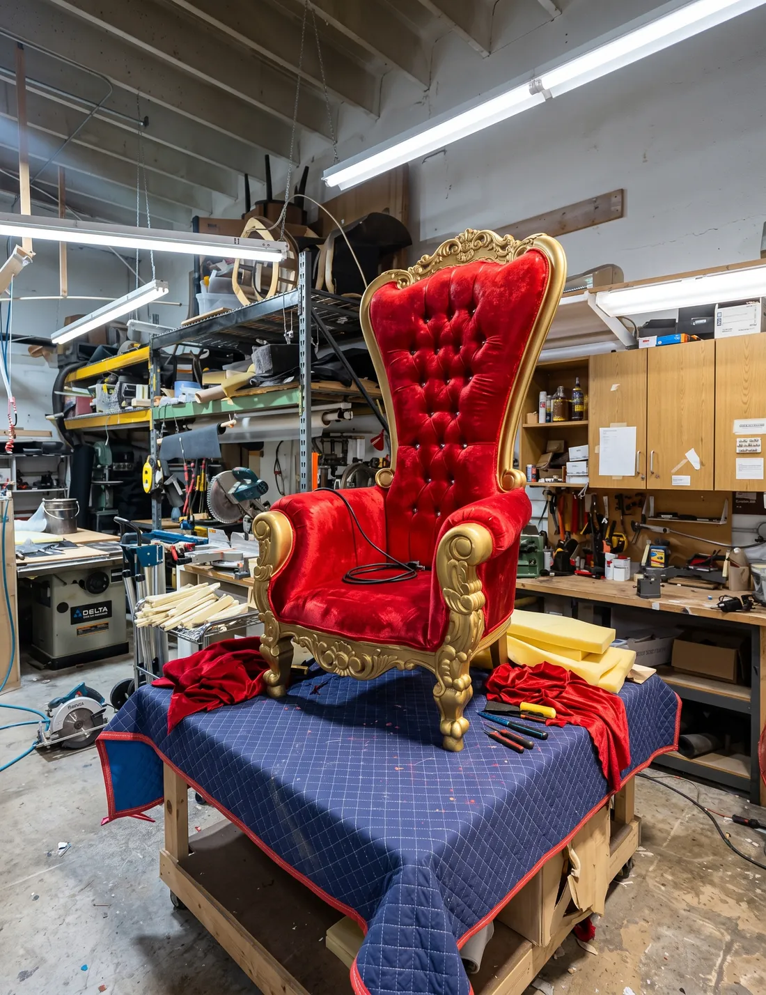 Trono de madera tallada dorada retapizado en terciopelo rojo capitoneado
