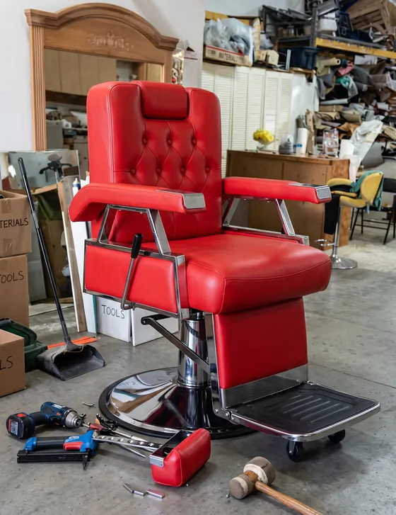 Silla de barbero hidráulica retapizada en vinil rojo capitoneado