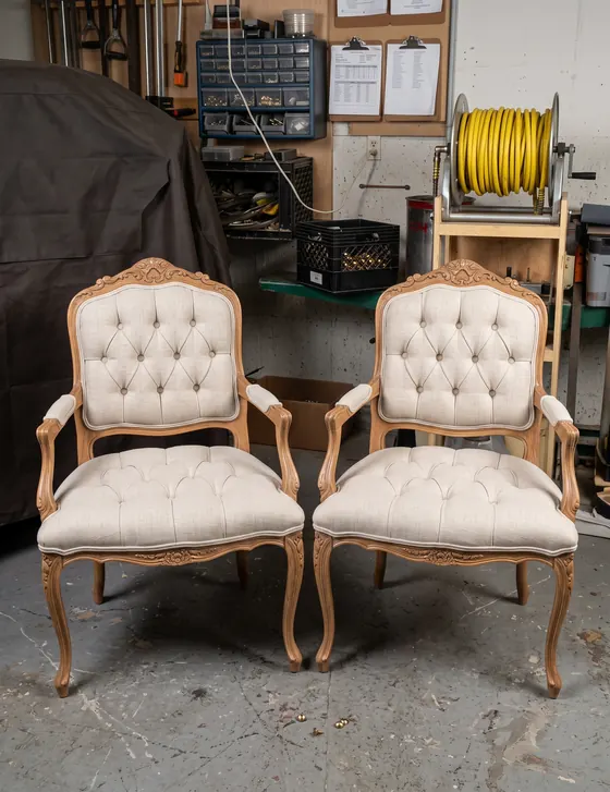 Par de sillas estilo francés capitoneadas en lino crema